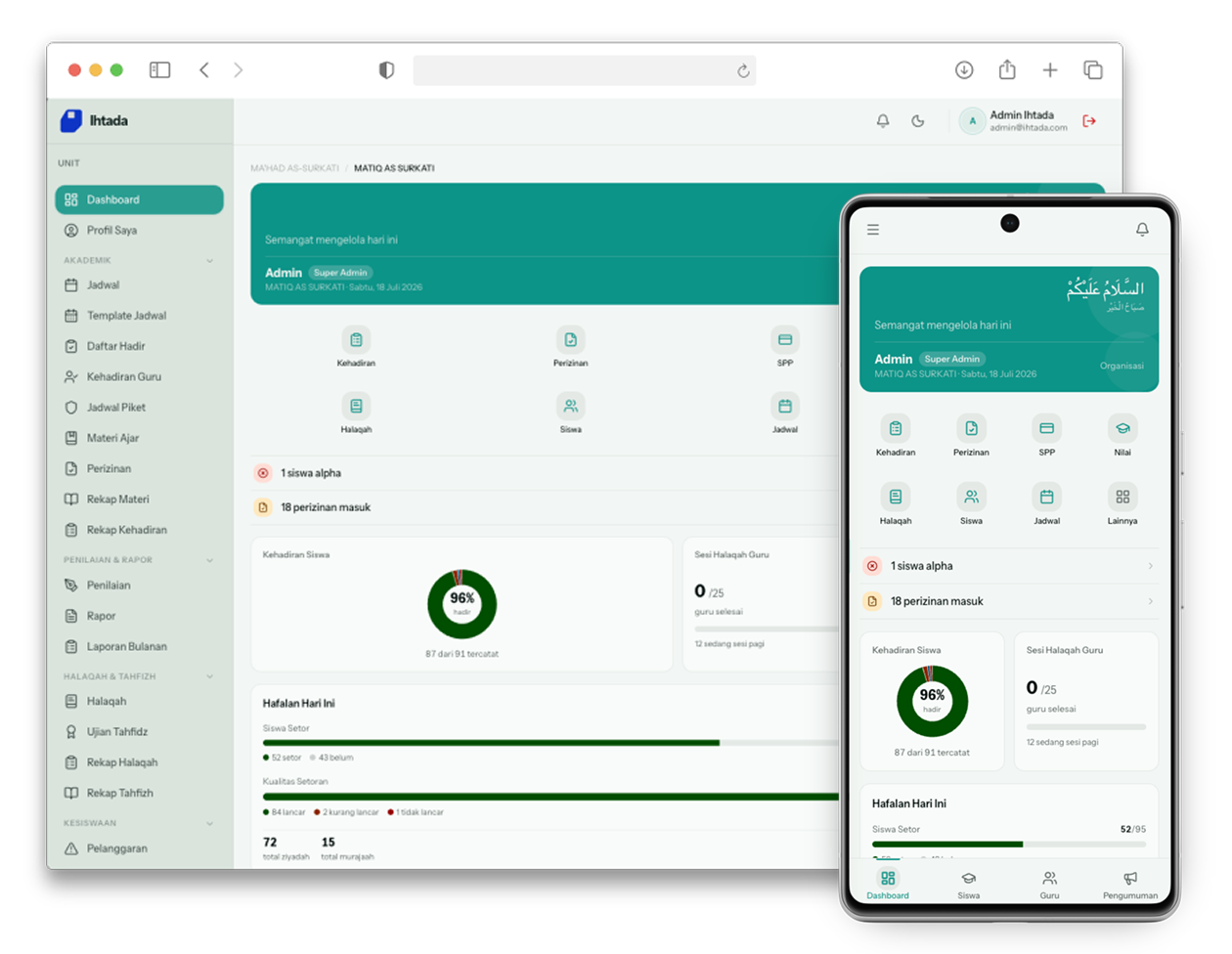 Ihtada — tampilan web dan mobile madrasah digital